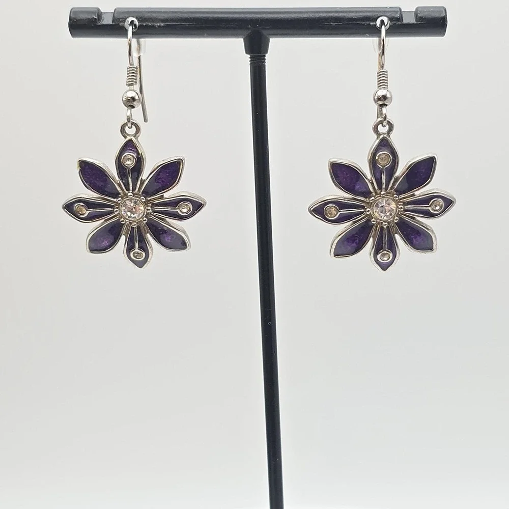 Signed C Earrings Purple Enamel Flower Clear Crystal Accents Dangle Silver‎ Tone